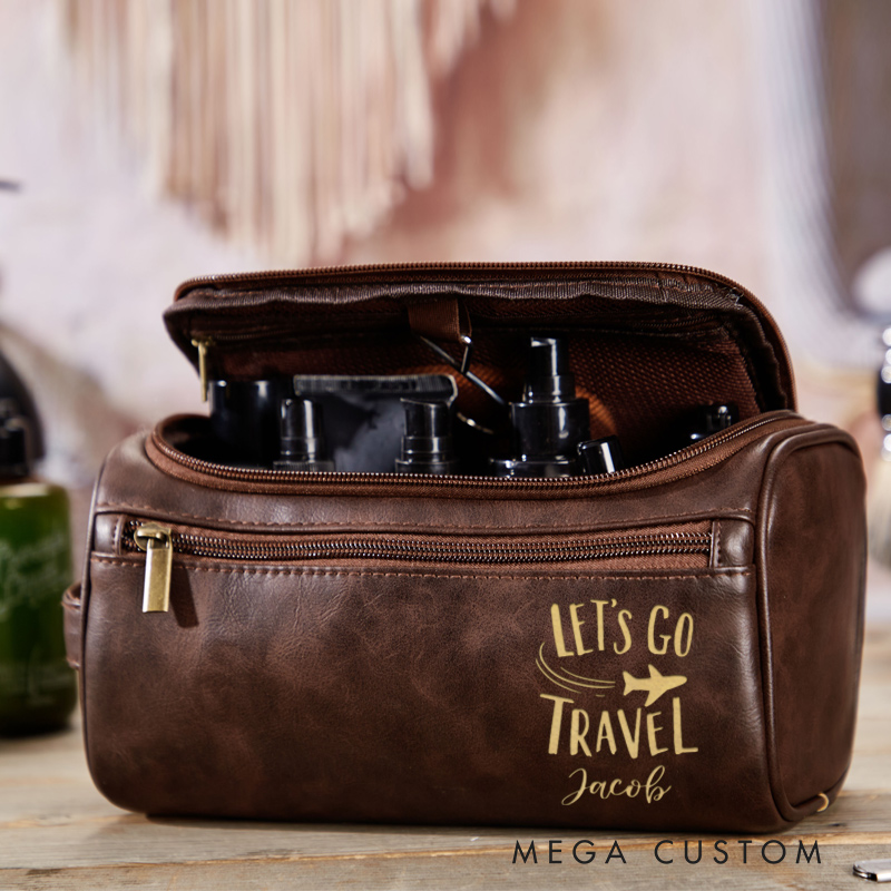 Personalized Let's Go Travel Toiletry Bag Leather Toiletry Bag for Traveling Lovers Cool Travel Gift for Him