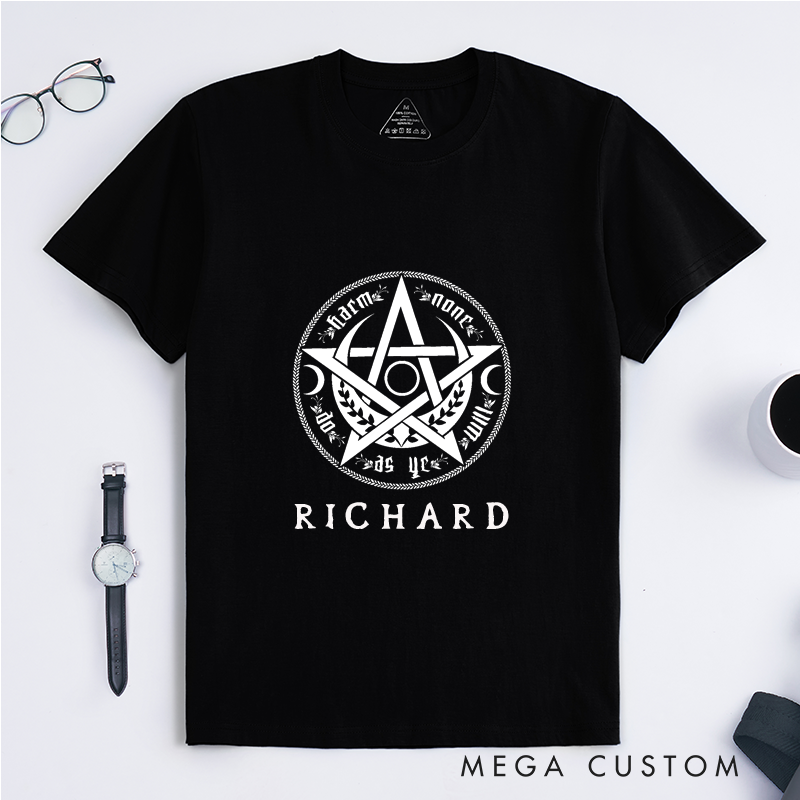 Personalized Wiccan Pentagram T Shirt Classic Witchcraft Protection Symbol Gift for Men and Women Spiritual Pagan Clothing Custom Name Present