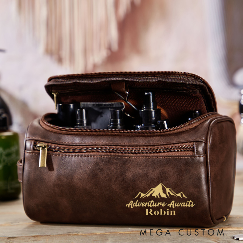 Personalized Adventure Awaits Toiletry Bag Leather Toiletry Bag for Traveling Lovers Cool Travel Gift