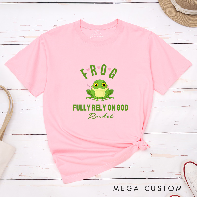 Personalized Frog Religious Fully Rely On God T-Shirt with Custom Name Christians Gift Birthday Gift Christian Apparel Gift for Jesus Lover 