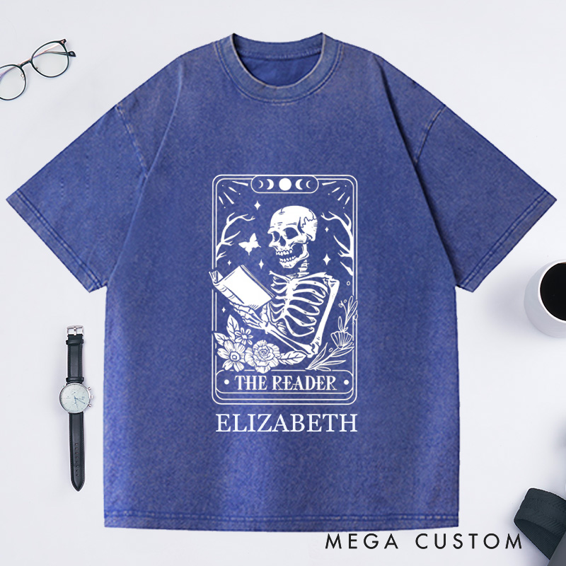 Personalized The Reader Tarot Card Front And Back Printing Washed T-Shirts Skeleton Reading T-shirt Book Lover Gift Book Lover Tee Tarot Card Shirt