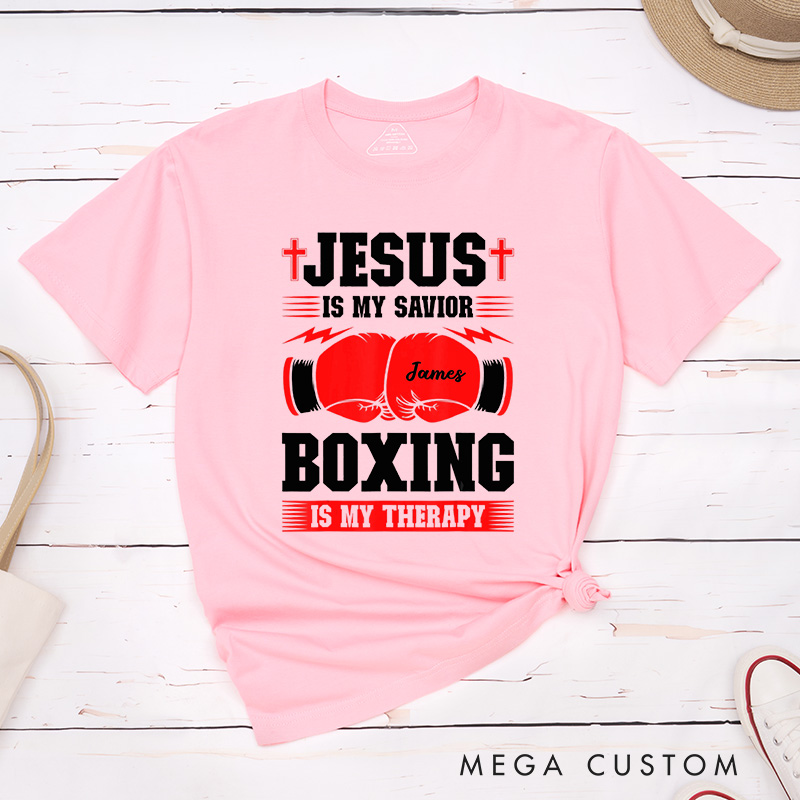 Personalized Jesus Is My Savior Boxing Is My Therapy Classic T-Shirt with Custom Name Inspirational Shirt Religious Birthday Gift for Christians