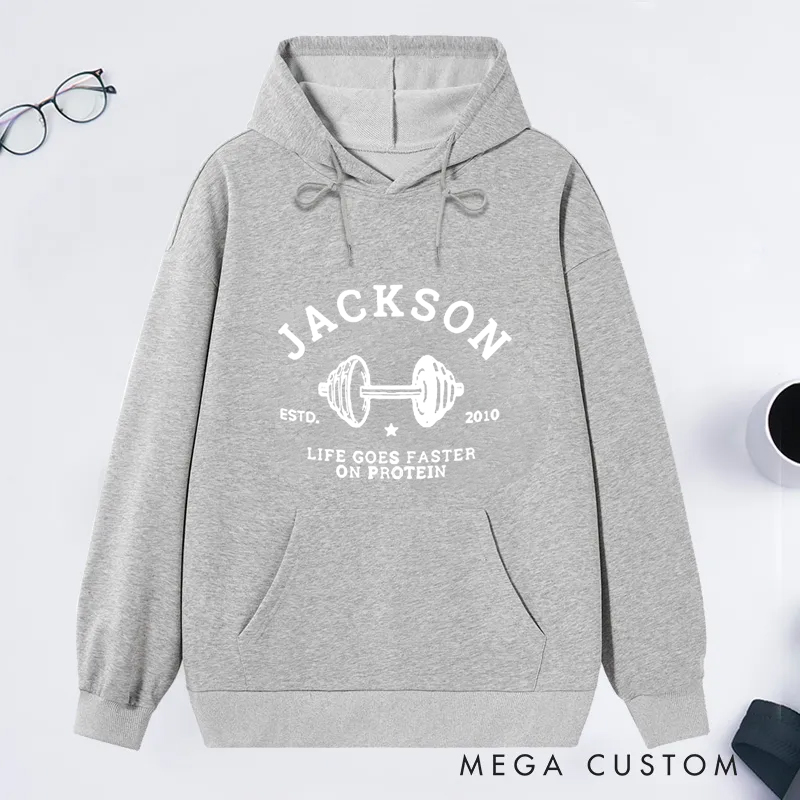 Personalized Fiitness Classic Hoodies with Dumbbell and Protein Quote for Fitness Enthusiasts Bodybuilders and Gym Lovers
