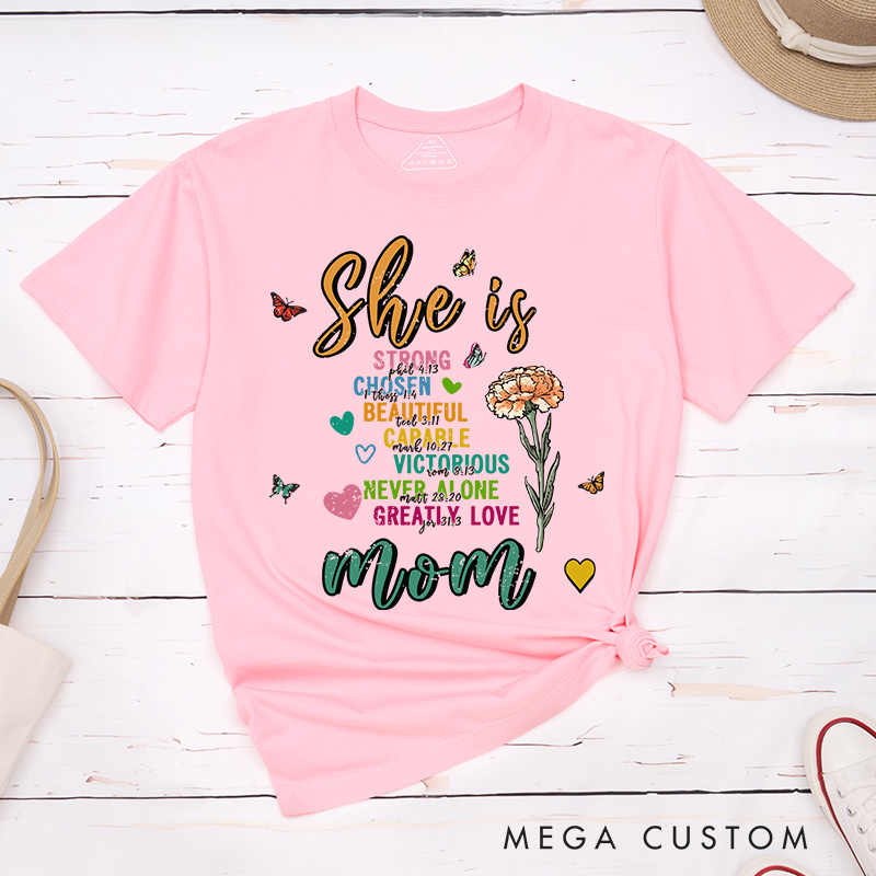 Personalized Bible Verse She Is Strong Butterfly Birth Flower Classic T-Shirt with Nickname Mother's Day Birthday Gift for Women