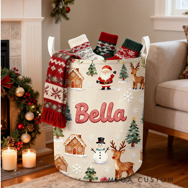 Personalized Christmas Laundry Basket Custom Name Hamper Foldable Storage Bin Durable Organizer For Holiday Decor Kids Playrooms Or Living Rooms