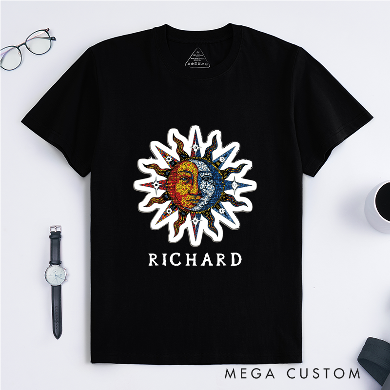 Personalized Sun and Moon Mosaic Face Classic T-Shirts Custom Name Retro Art Unisex Gift Cosmic Celestial Pattern Unique Birthday Present