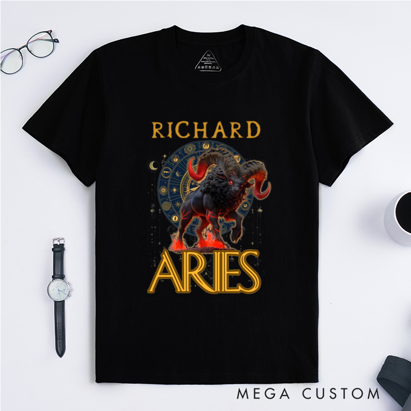 Personalized Aries Zodiac Sign Classic T-Shirts Custom Ram Astrology Birthday Gift for Men and Women Unique Horoscope Tee Present 
