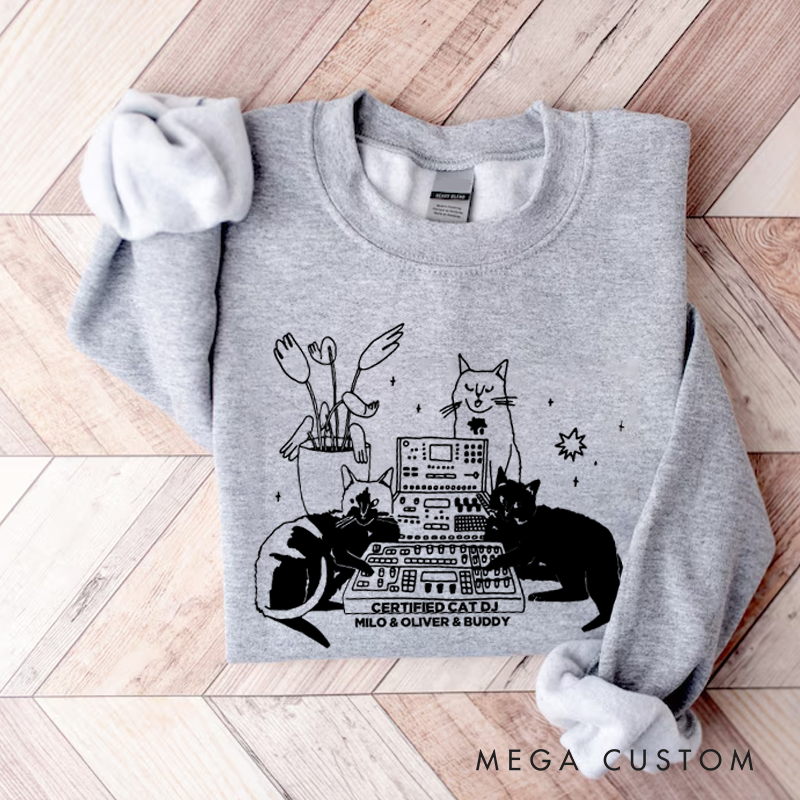 Personalized Classic Sweatshirts with Cat Sitting on Synthesizer and DJ Cat Illustration and Available in Multiple Colors