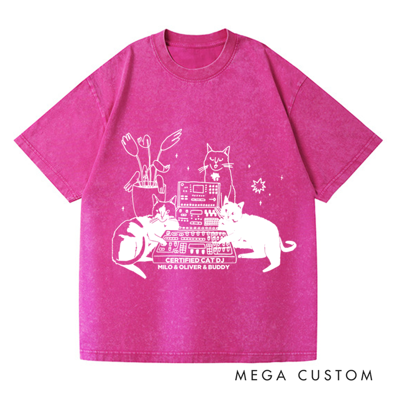 Personalized Washed T-Shirts with Cat Sitting on Synthesizer and DJ Cat Illustration and Available in Multiple Colors