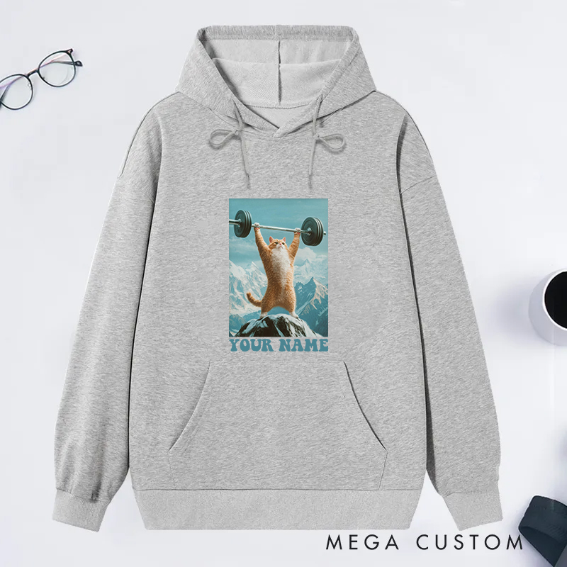Personalized Fitness Classic Hoodies with Motivational Cat Lifting Barbell Design for Fitness Enthusiasts Bodybuilders and Gym Lovers