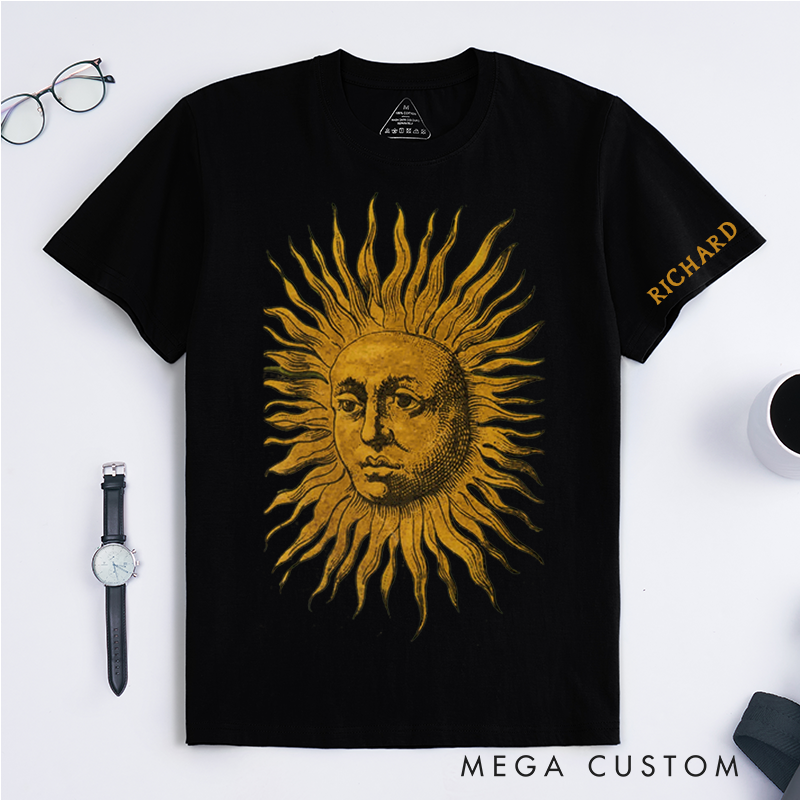 Personalized Sun Face Art Classic T Shirts Custom Vintage Solar Illustration Gift for Him or Her Unique Artistic Unisex Tee