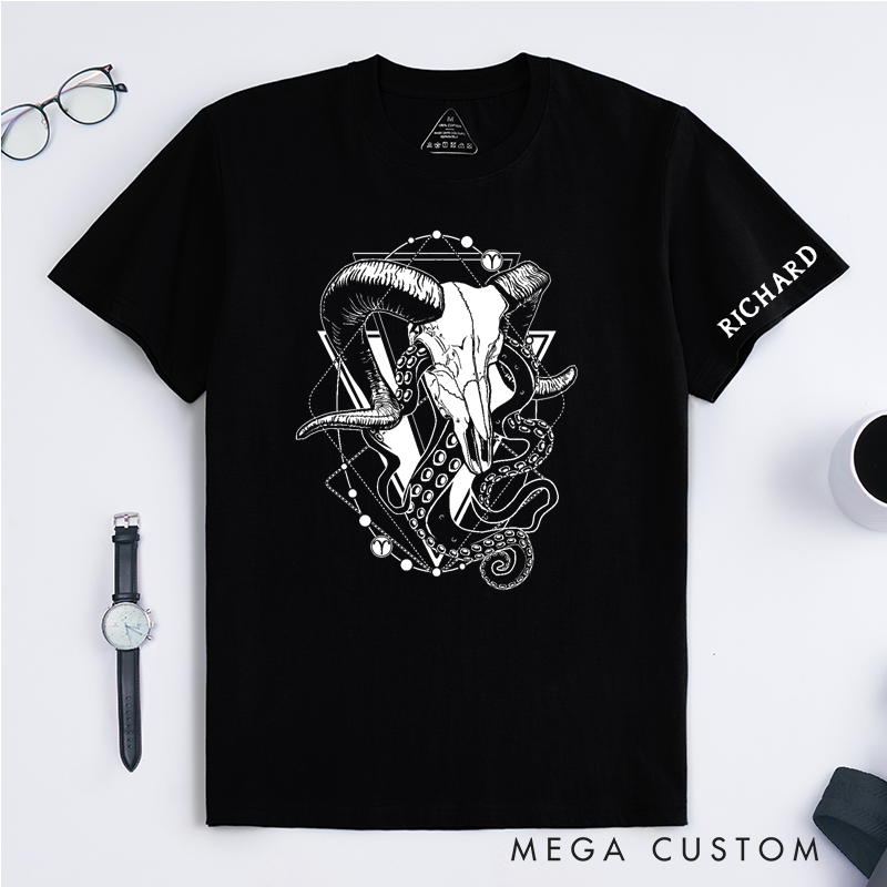 Personalized Ram Skull Tentacle Art Classic T-Shirts Custom Name Gothic Animal Graphic Unisex T-Shirt Unique Birthday Gift for Men Women Friends
