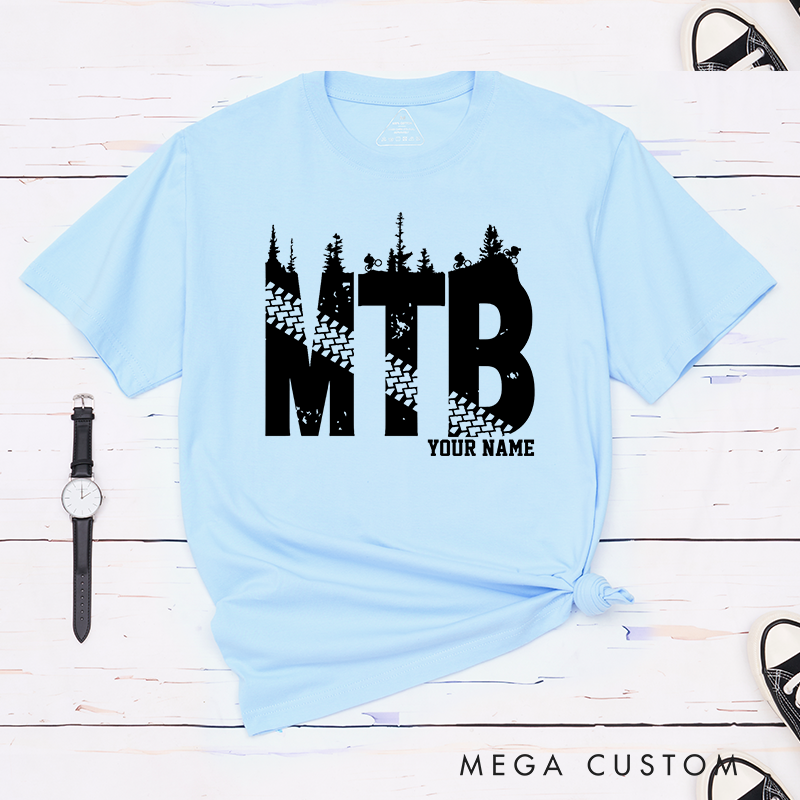 Personalized MTB Trail T-Shirt with Forest Silhouettes and Tire Tracks for Outdoor Adventures Riding Cycling Biking Enthusiasts