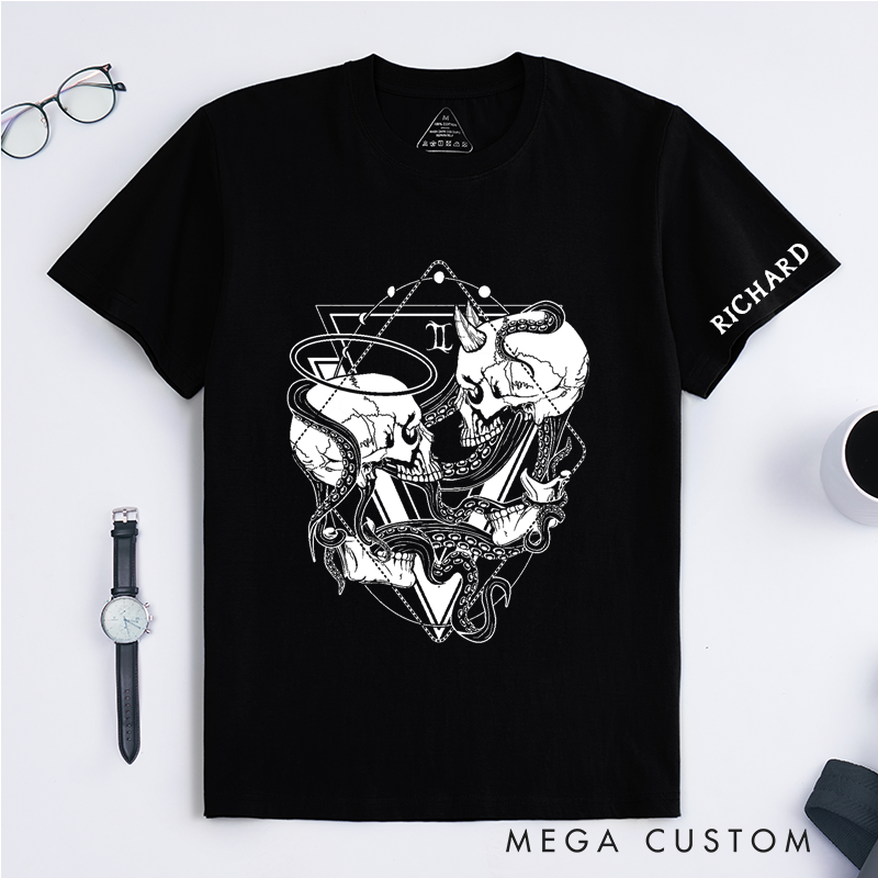 Personalized Gothic Skull Gemini Classic T-Shirts Unique Tentacle Art Custom Name Gift for Men Women Birthday Present Halloween Occult Lovers