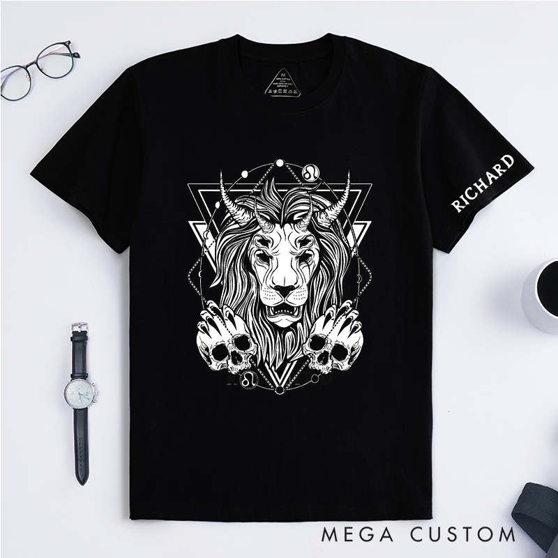 Personalized Lion Skull Horns Design Classic T-Shirts Unique Gothic Animal Art Custom Name Gift for Men Women Birthday Present Fashionable