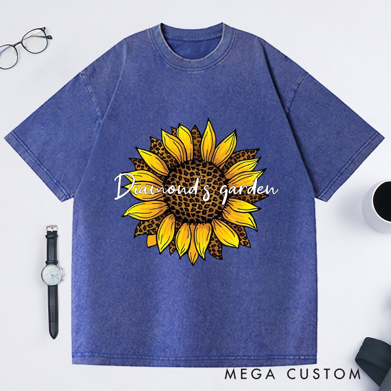 Personalized Leopard Sunflower Washed T-Shirts Sunflower Shirt Leopard And Floral Shirt Flower Shirt Botanical Print Shirt
