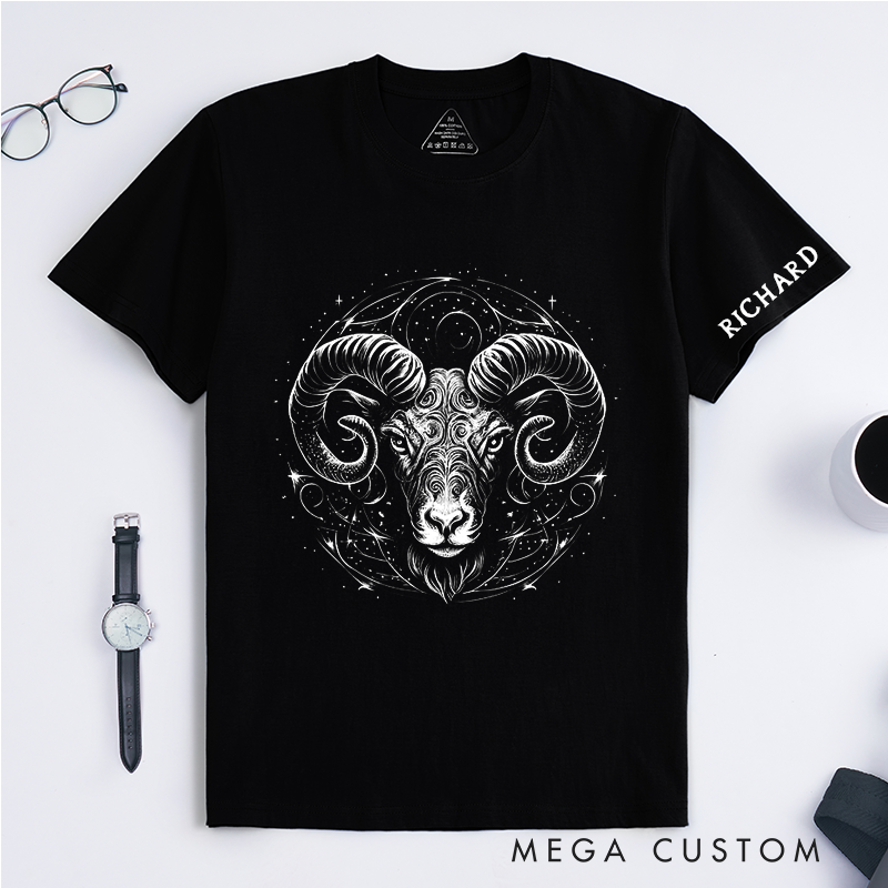 Personalized Ram Zodiac Classic T-Shirts Custom Cosmic Ram Star Sign Gift for Astrology Lovers Unisex Aries Birthday Present 