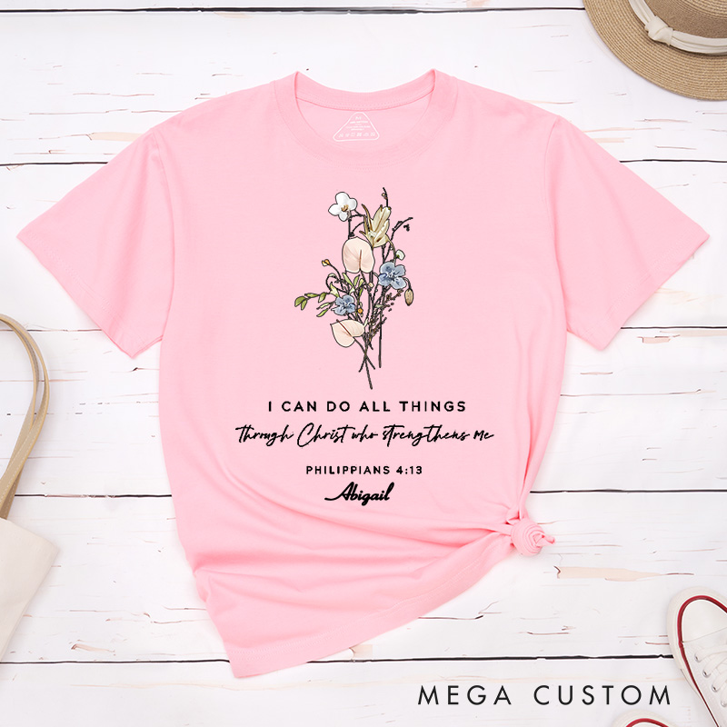 Personalized I Can Do All Things Classic Cotton T-Shirt with Name Bible Verse Blessed Shirt Religious Easter Gift Birthday Gift for Girls