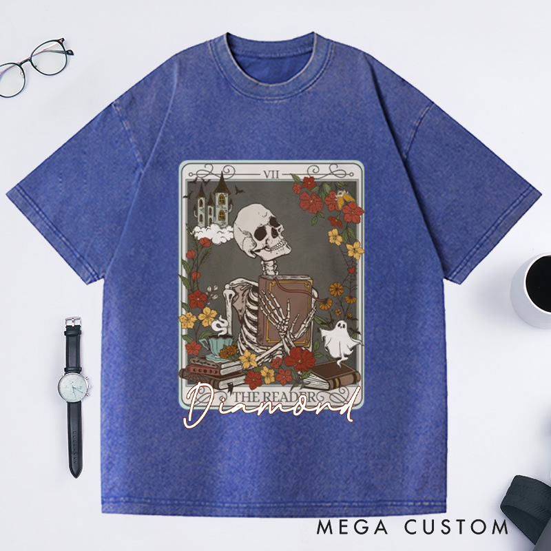 Personalized the Reader Tarot Card Crewneck Washed T-Shirts Skeleton Shirt Book Lover Shirt Bookish Shirt Librarian Shirt Reading Shirt