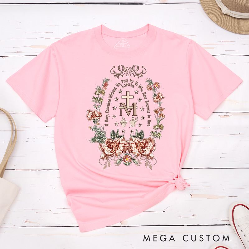 Personalized Virgin Mary Classic T-Shirt with Floral Wreath Cotton Shirt Catholic Gift Easter Christmas Gift for Women 