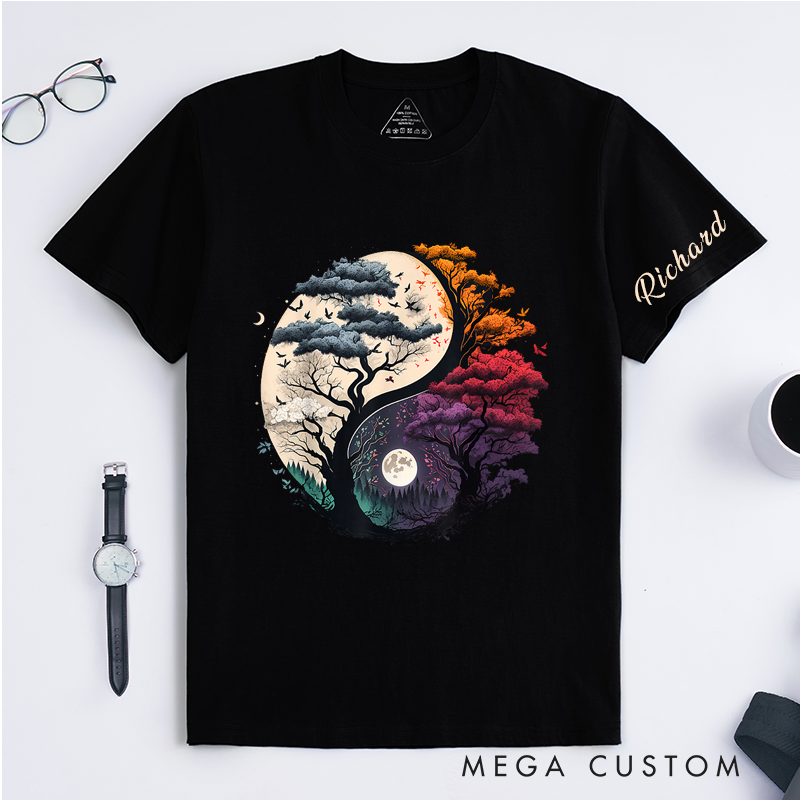 Personalized Yin Yang Tree T-Shirt Classic Custom Nature Art Unisex Gift Unique Day and Night Forest Tee for Men Women Couples Friends Family Birthday