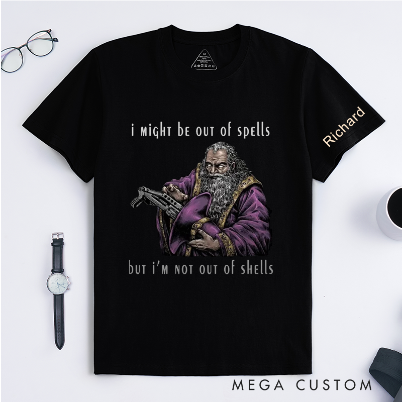 Personalized Wizard Mage with Gun Classic T-Shirts Custom Funny Out of Spells Not Out of Shells Gift for Magic Lovers Men Women Unisex Unique Tee