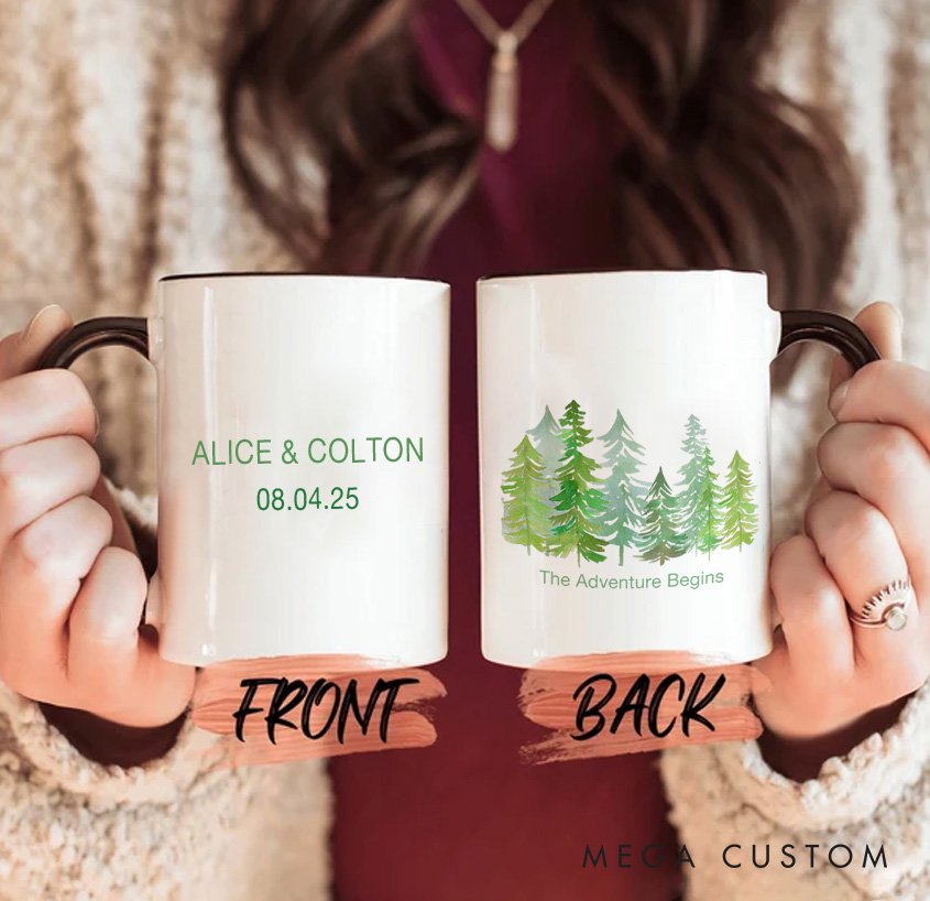 Personalized the Adventure Begins Mug Forest Camping Rustic Mountain Mug Gift for Travel Hiking Outdoors Lovers