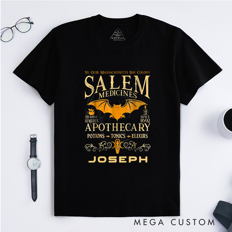 Personalized Salem Apothecary Classic T-Shirts Vintage Witchcraft Herbal Remedies Potions Elixirs Halloween Gifts Custom Name Unisex