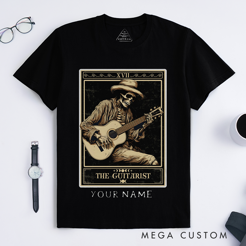 Personalized Tarot Lovers Classic T-Shirts Skeleton Guitarist Classic T-Shirts Vintage Cowboy Acoustic Guitar Tee for Magic Lover