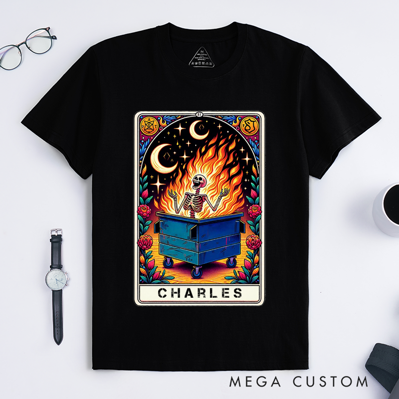 Personalized Tarot Lovers Classic T-Shirts Custom Name Dumpster Fire Skeleton Emotional Gift for Magic Lover Present