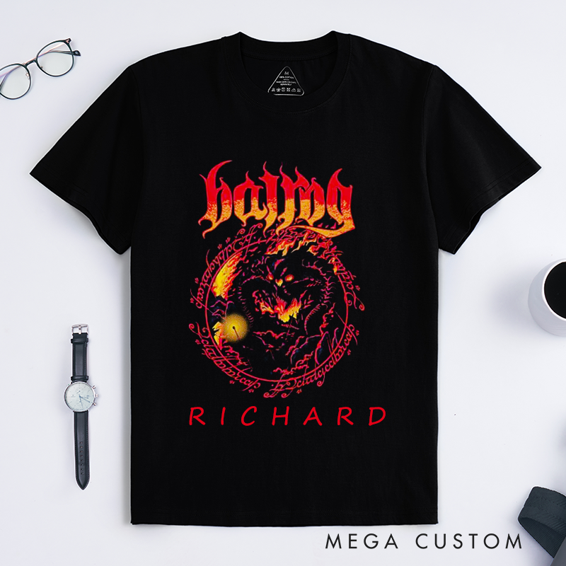 Personalized Demon Fire Art Classic T-Shirts Fantasy Horror Graphic Tee Custom Name Gift for Him Bold Unique Cool Present