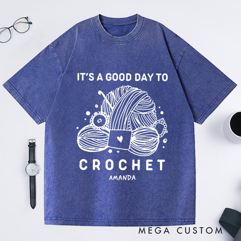 Personalized Good Day to Crochet Washed T-Shirts Funny Knit Shirt Knit Talking Yarn Shirt Knit Gift