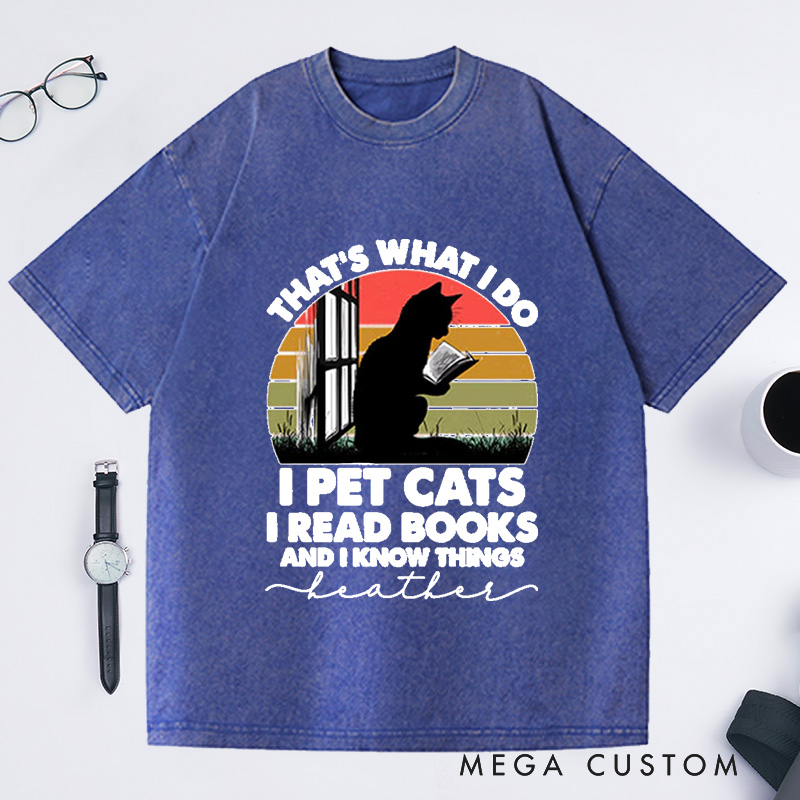 Personalized Cat and Book Washed T-Shirts Book Lover Shirt Cat Book Shirt Cat Lover Shirt Reading Shirts Bookworm Gifts