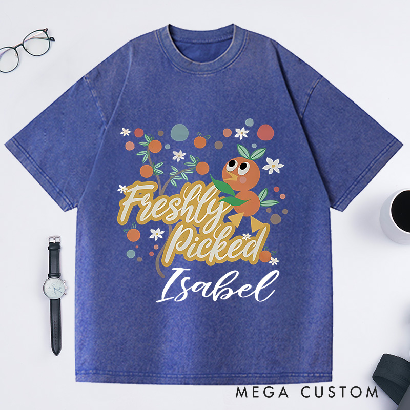 Personalized Orange Bird Washed T-Shirts Freshly Picked Oranges for Flower and Garden