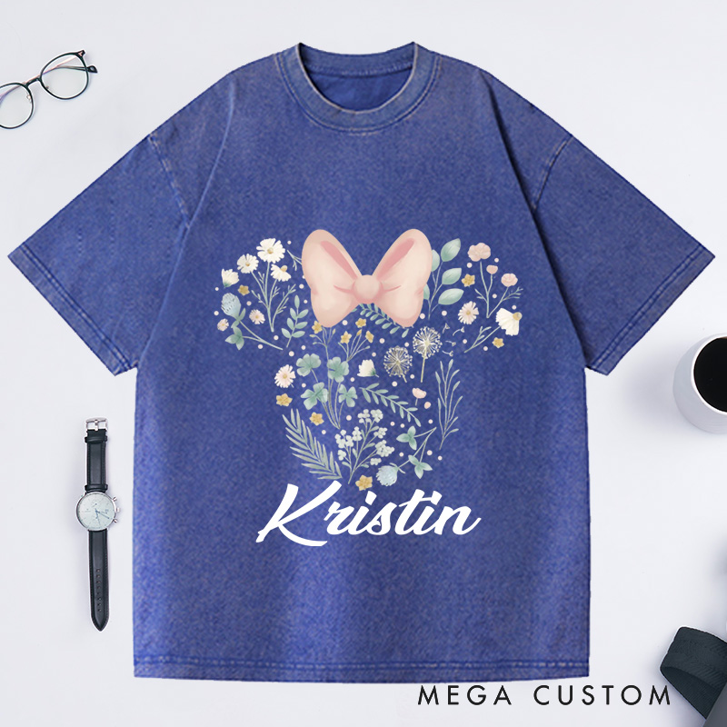 Personalized Floral Mouse Head Washed T-Shirts Nature Lover Gifts for Gardening Enthusiasts