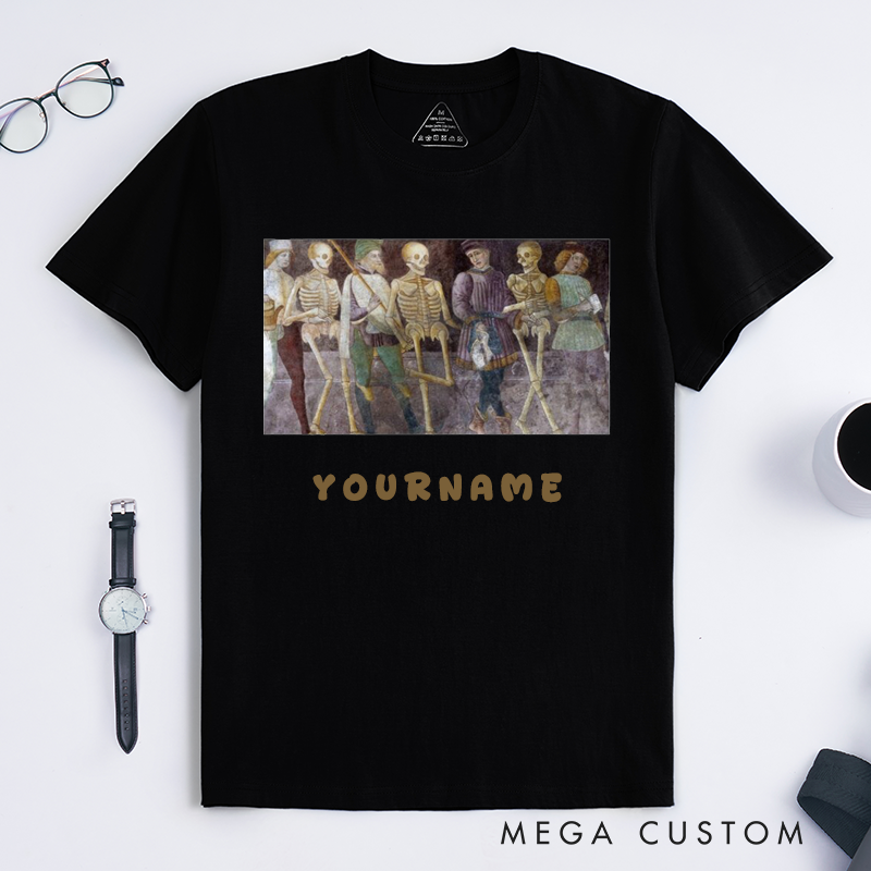 Personalized Medieval Dance of Death Skeleton Art T-Shirts Unique Gothic Renaissance Unisex Gift for Dance Lovers Macabre Aesthetic Custom Halloween Apparel