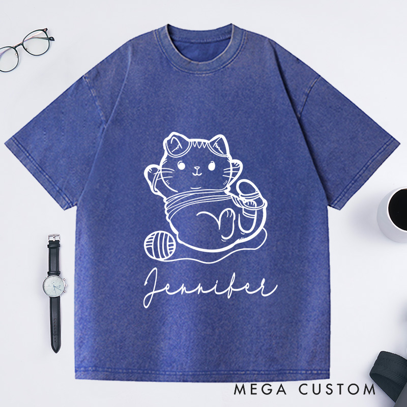Personalized Cat and Yarn Knit Washed T-Shirts Knitting Gift Knitter Gift Love to Knit Love Knitting Knit Lover