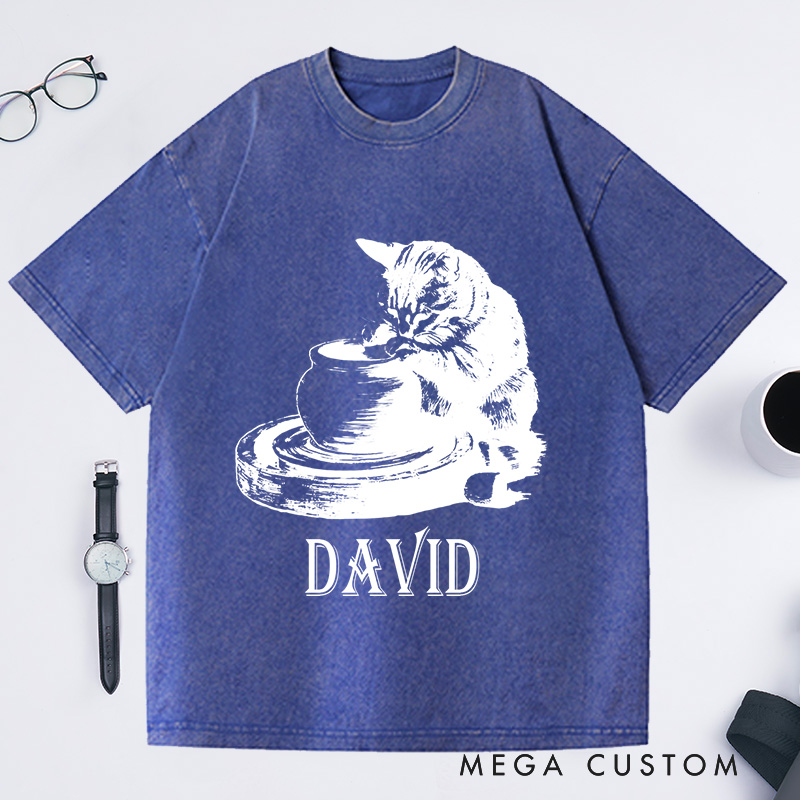 Personalized Cat Pottery Washed T-Shirts Pottery Lover T-Shirt Funny Cat Woman Shirt Weird Animals Shirts Vintage 90s Tattoo Graphic Tee