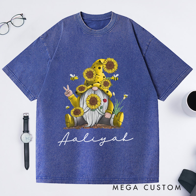Personalized Sunflower Gnome Washed T-Shirts Bee Gnome Shirt Gnome Peace Sign Shirt Funny Gnome Shirt Spring Gnome Tee Cute Bee Gnome Shirt