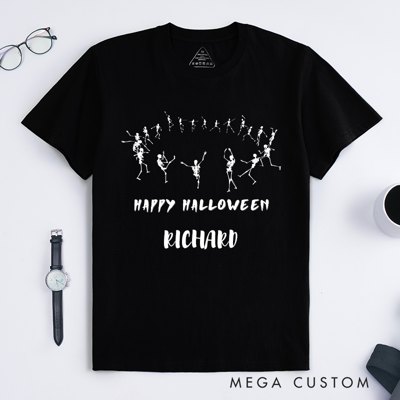 Personalized Dancing Skeletons Halloween T-Shirts Unique Spooky Skeleton Dance Custom Name Happy Halloween Gift for Men Friends Family