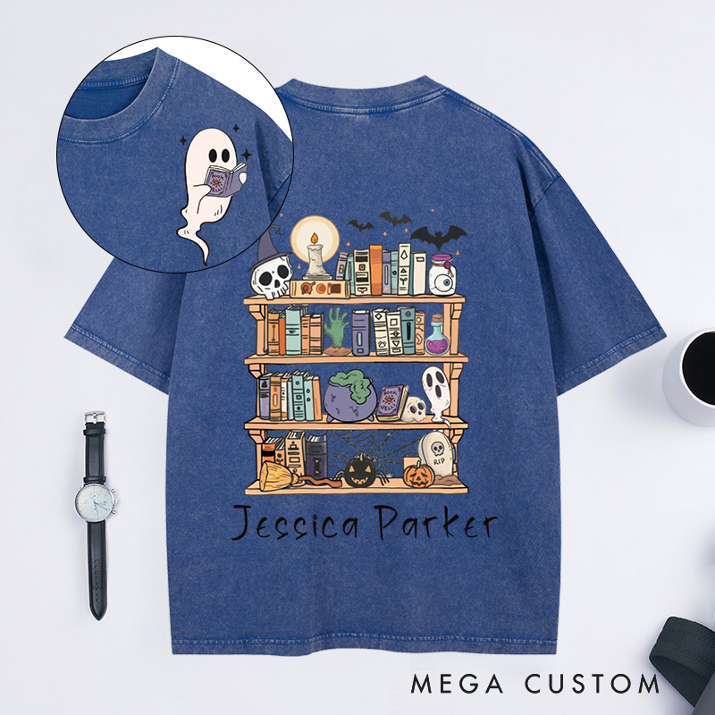 Personalized Ghost Book Reader Washed T-Shirts Halloween Library Shirt Halloween Reading Tee Book Lover Gift Skeleton Book Club Reading Shirts