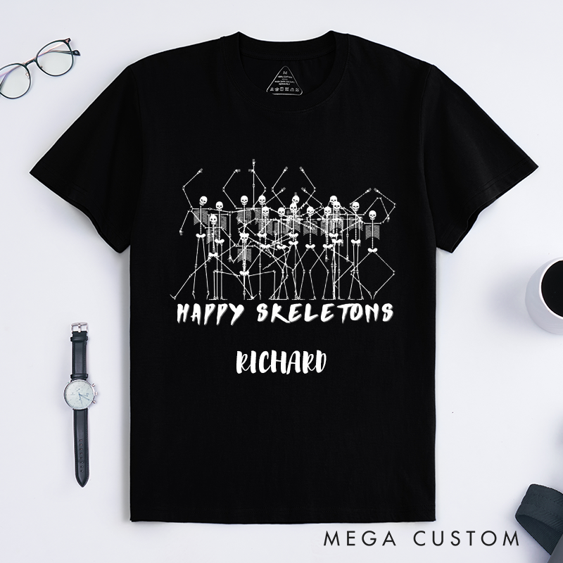 Personalized Happy Skeletons Dancing Skeletons T-Shirts Custom Name Funny Halloween Gift Unique Skeleton Tee for Men Friends Present