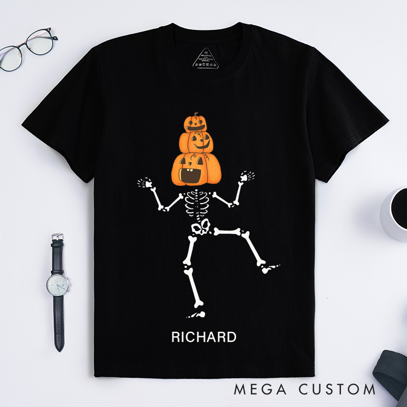 Personalized Dancing Skeleton Pumpkin Stack T-Shirts Custom Name Funny Halloween Skeleton Gift for Men Unique Spooky Fall Outfit for Friends or Family