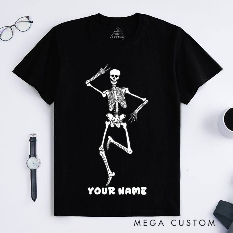 Personalized Dancing Skeleton T-Shirts Custom Name Fun Skeleton Drawing Halloween Gift for Him Unique Bone Art Shirt for Men Friends