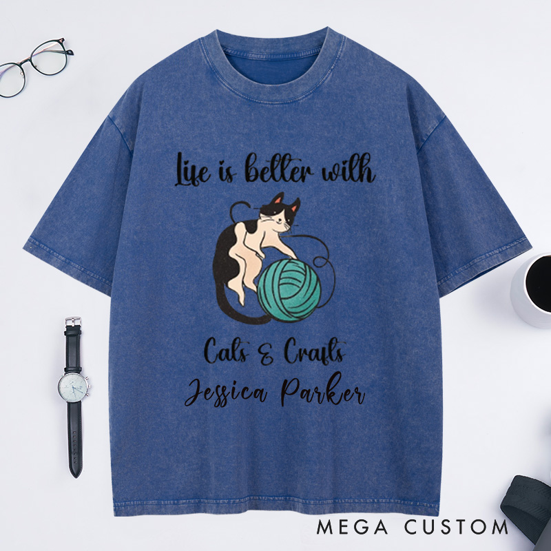 Personalized Cat Knitting Crafts Washed T-Shirts MidCentury Cat Knitting Shirt Vintage Cat T-Shirt BoHo Knitting Shirt Funny Cat Lover Shirt