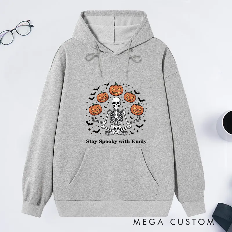 Personalized Halloween Classic Hoodie with Spooky Skeleton and Pumpkin Design Custom Name Gift Idea for Yoga Lover