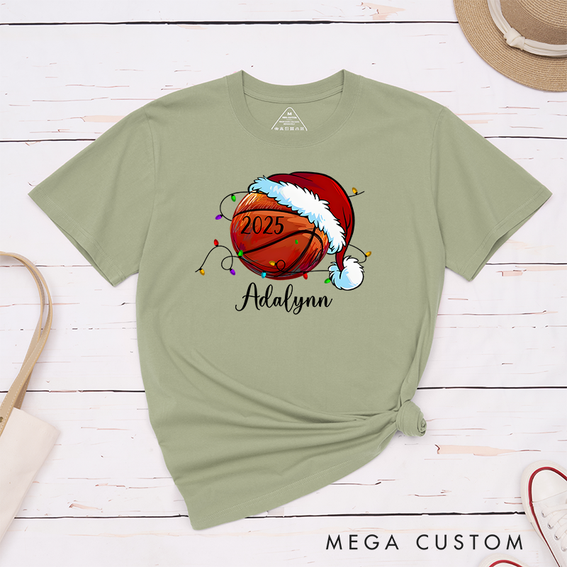 Personalized Festive T-Shirt with Custom Name, Year, and Basketball Santa Hat Design
