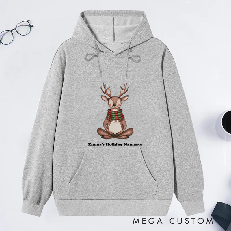 Personalized Christmas Classic Hoodie with Cute Meditating Reindeer Design Custom Name Gift Idea for Yoga Lover
