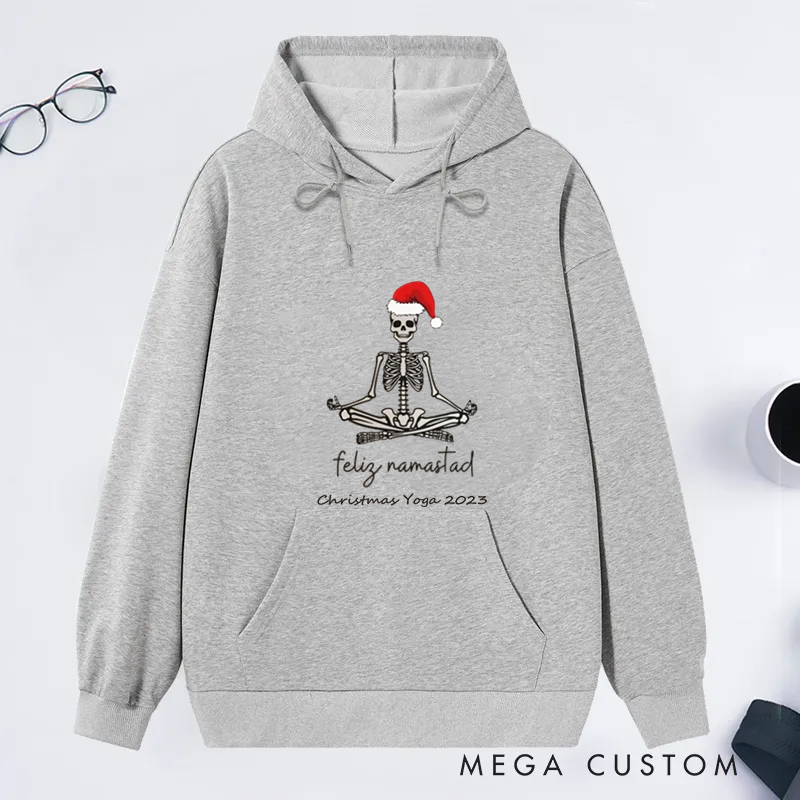 Personalized Christmas Classic Hoodie Skeleton Yoga Design with Santa Hat Custom Time Gift Idea for Yoga Lover