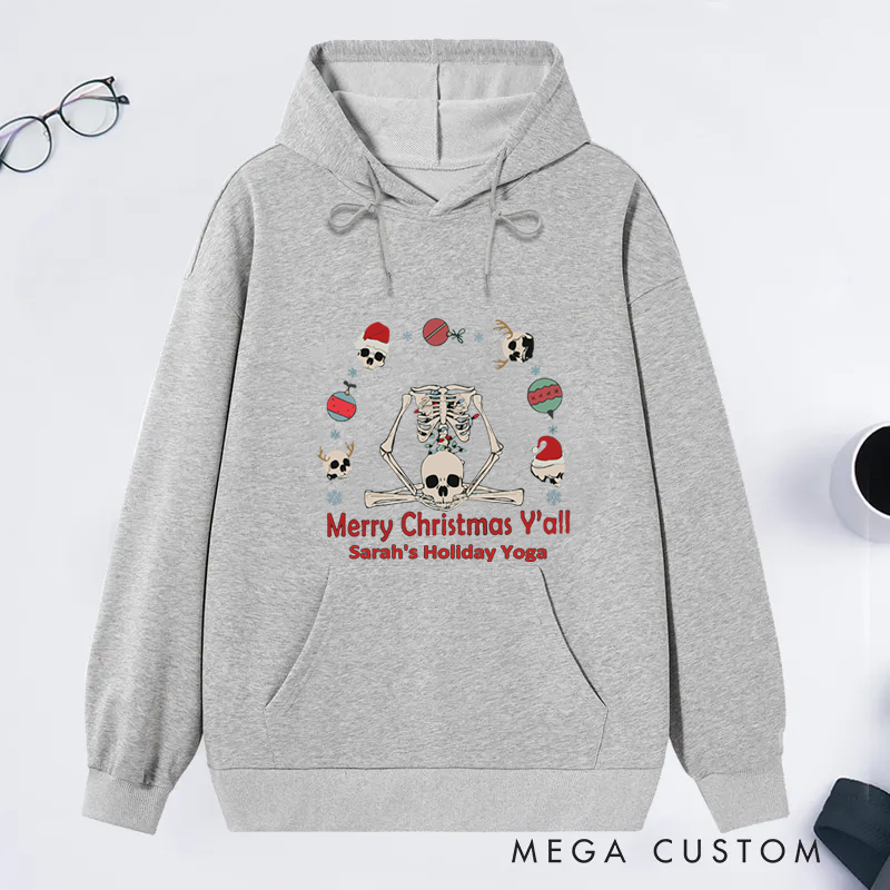 Personalized Christmas Classic Hoodie with Meditating Skeleton Design Custom Name Gift Idea for Yoga Lover